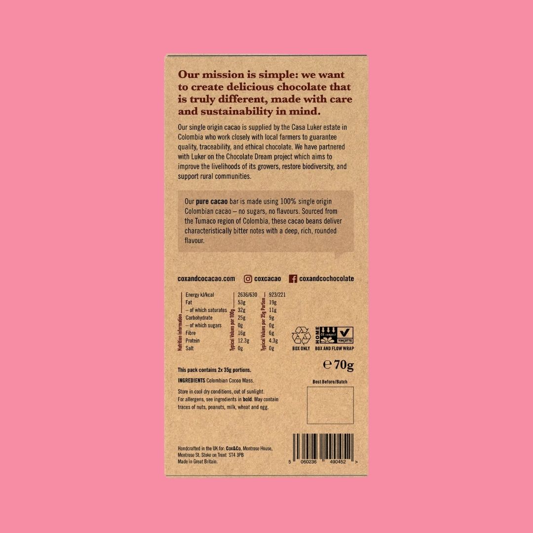 Cox & Co Chocolate Bar 100% Pure Cacao Reverse