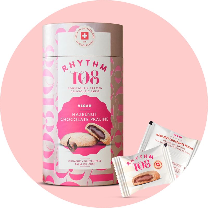 Rhythm 108 Biscuits Hazelnut Chocolate Praline 195g Gift Tube Lifestyle Image