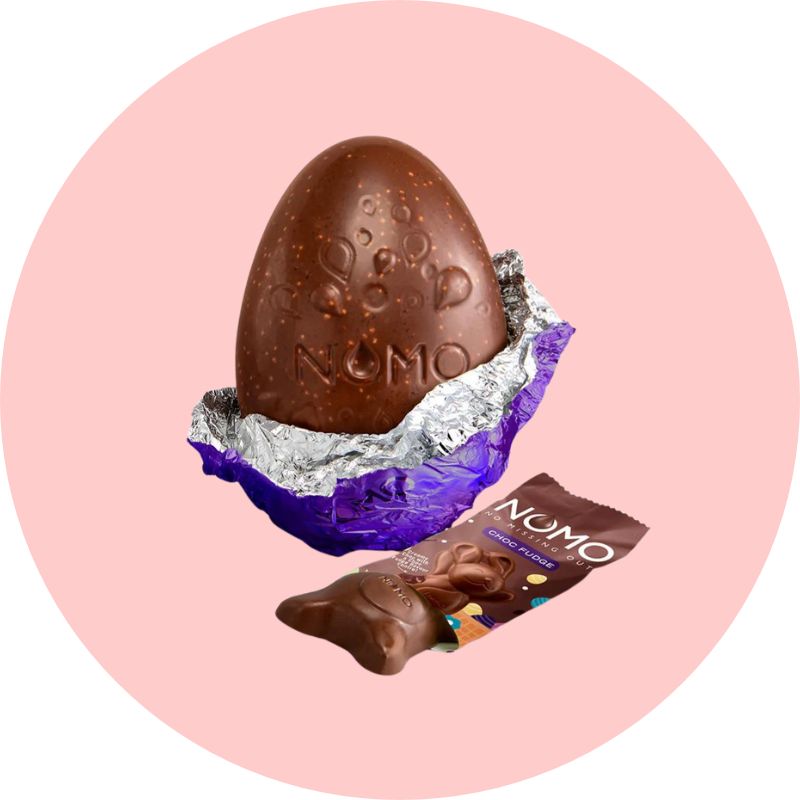 Nomo Choc Fudge Easter Egg + Bunny Out of Packaging