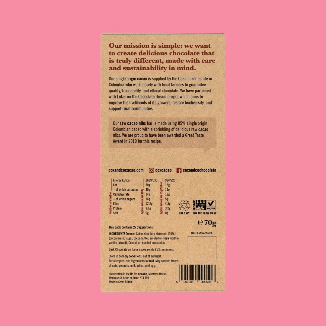 Cox & Co Chocolate Bar Raw Cacao Nibs Reverse