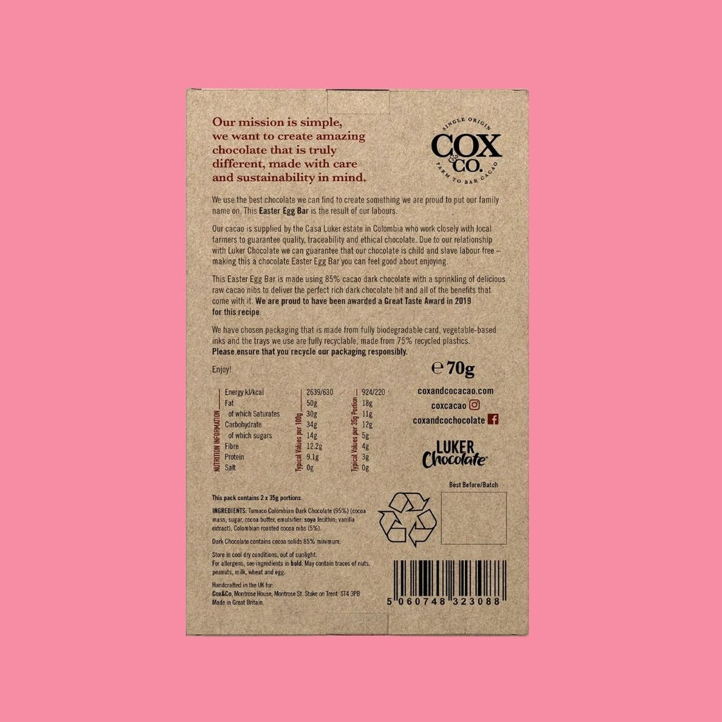 Cox & Co Egg Shaped Chocolate Bar Raw Cacao Nibs Reverse