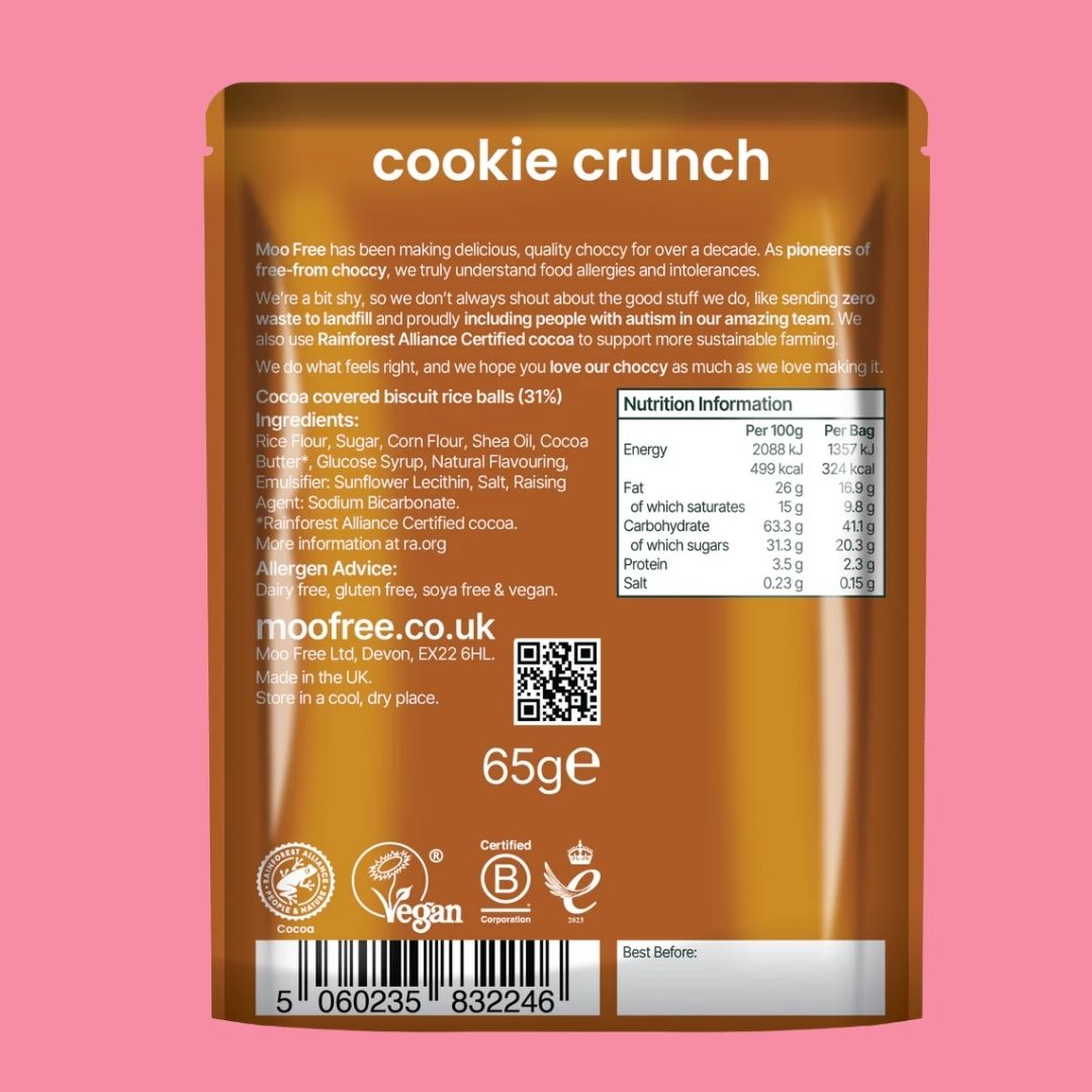Moo Free Chocolate Pouch [Cookie Crunch Moofreesas, 65g] Reverse