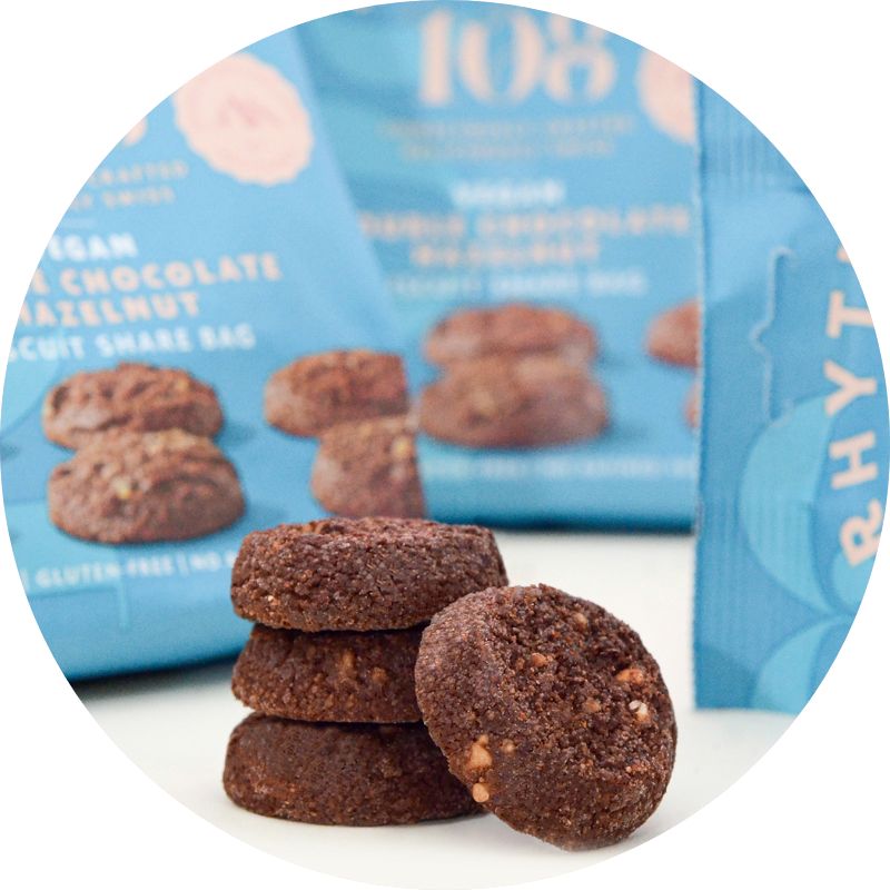 Rhythm 108 Biscuits Double Chocolate Hazelnut 135g Bag Lifestyle Image