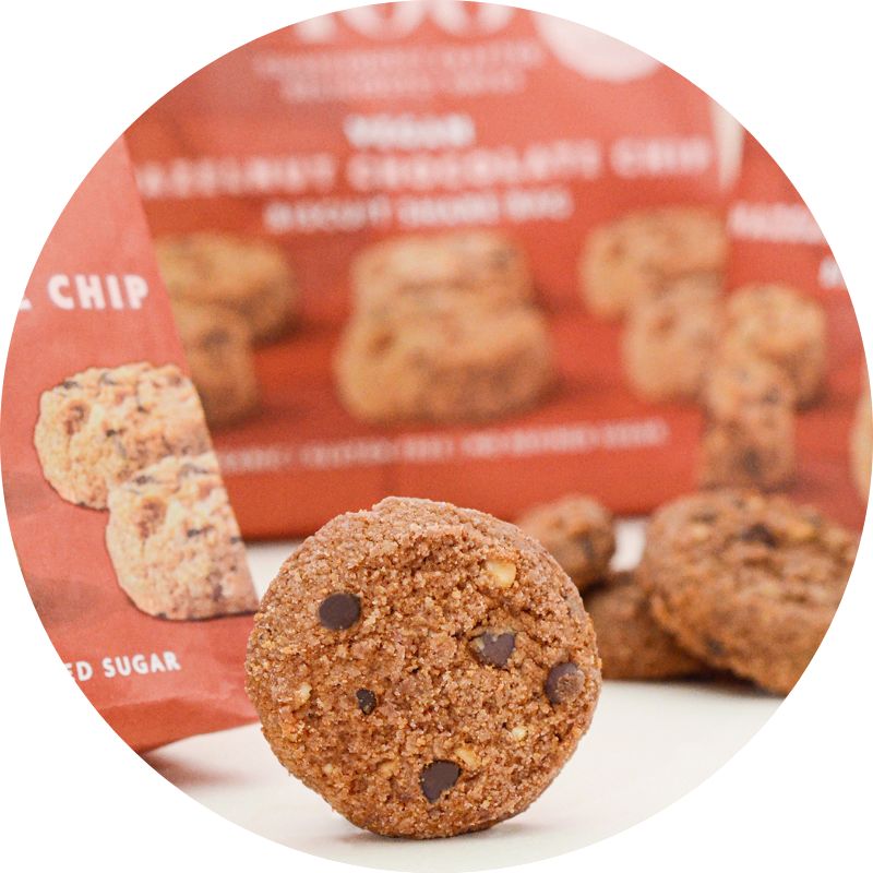 Rhythm 108 Biscuits Chocolate Chip Hazelnut 135g Bag Lifestyle Image